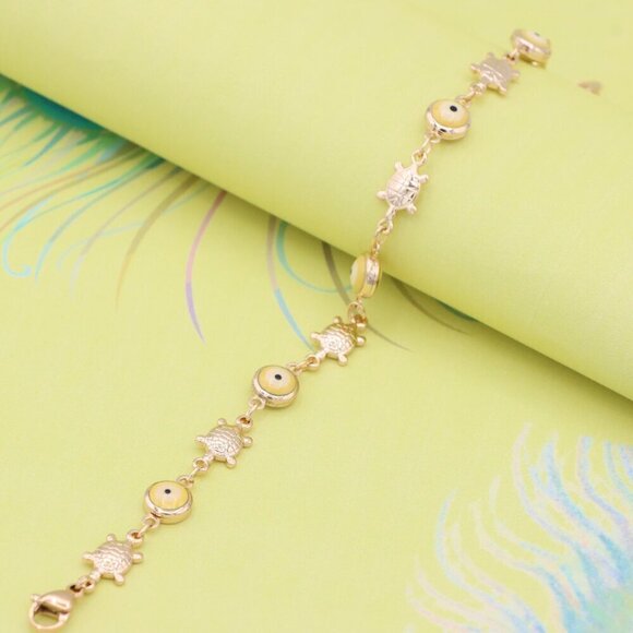 "Rose Gold Turtle & Yellow Evil Eye Bracelet, Cute Protective Design, XPBL0744 - Picture 4 of 12